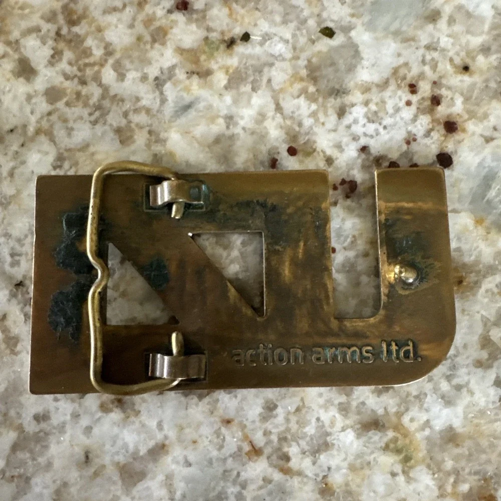 Solid Brass Action Arms Ltd. UZI Firearm Belt Buckle RARE 1970'S Great Condition